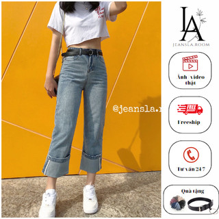 Quần Jeans ống suông JEANSLA Xanh nhạt cạp cao form suông ống rộng xắn gấu cao vệt bạc đùi siêu chất  [#QJL5]