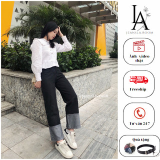 Quần Jeans đen cạp cao JEANSLA Đen Độc - Lạ, "Gấu nhạt màu" hay "Gấu giả sắn" ống rộng cạp cao [#QJL14]