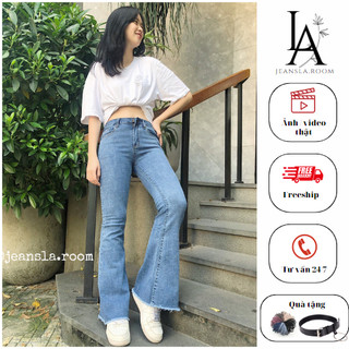 Quần Jeans JEANSLA Xanh retro cạp cao ống loe tua rua Basic mix đồ siêu tiểu thư, sang chảnh [#QJL25]