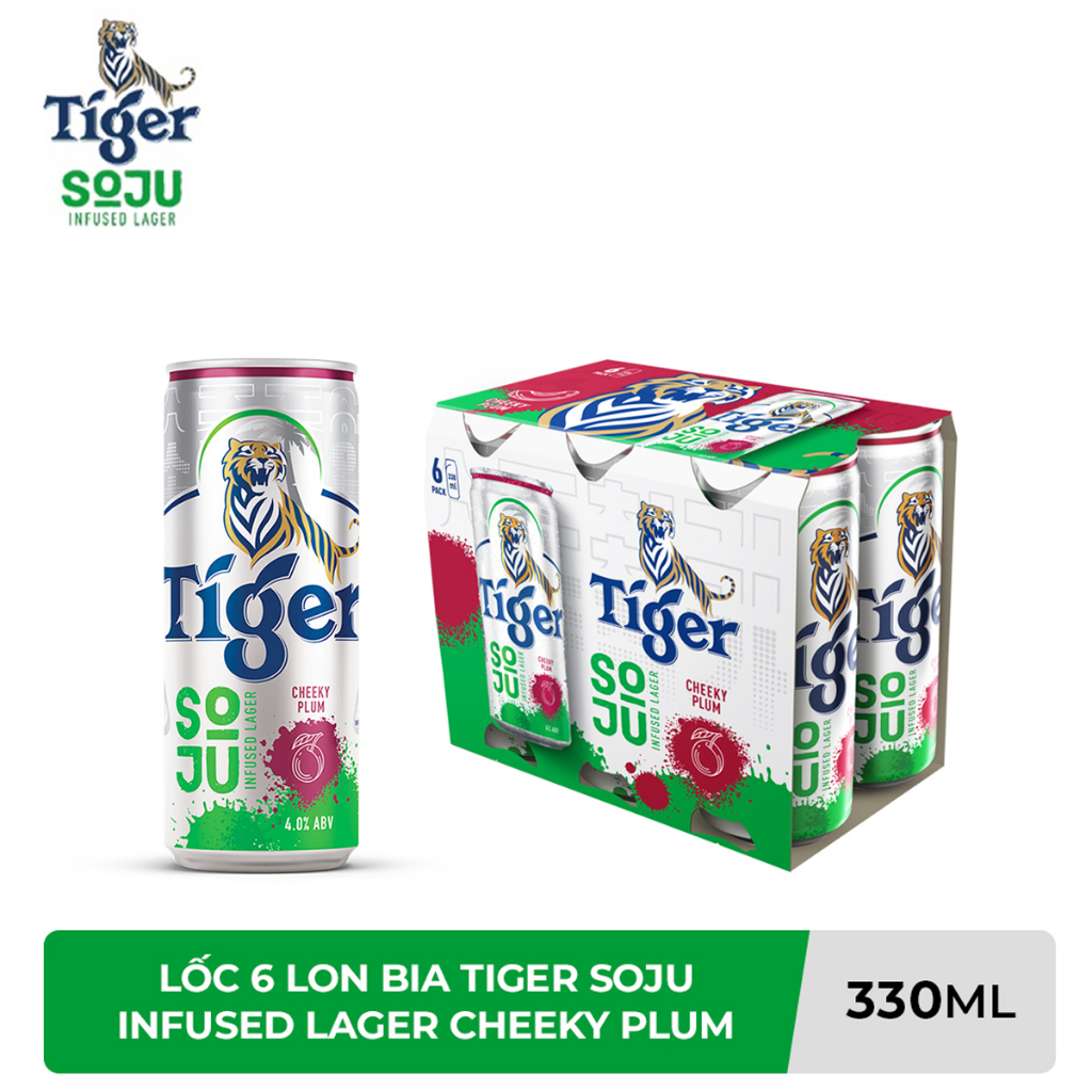 LỐC 6 LON BIA VỊ SOJU MẬN TIGER SOJU INFUSED LAGER CHEEKY PLUM 330ML