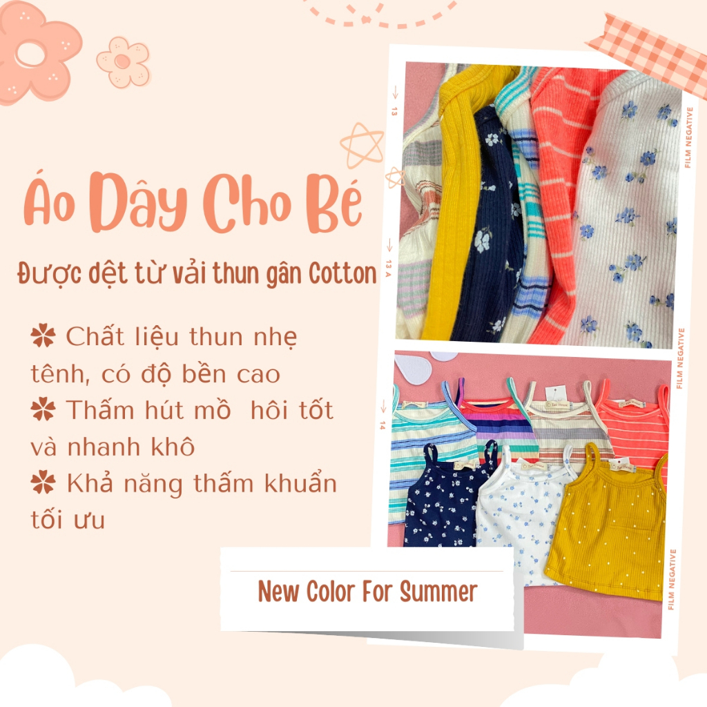 Áo 2 dây bé gái thấm hút cực tốt - áo dây cho bé gái thun gân kiểu mùa hè 2023