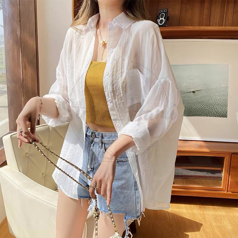 Áo sơ mi trắng dài tay dáng rộng chất liệu lụa lạnh mỏng phong cách Hàn Quốc thời trang nữ