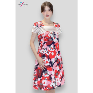 [ Chính hãng ] Đầm nữ cổ vuông, tay ngắn- hoa đỏ đen-cotton tổ ong - DE THUONG