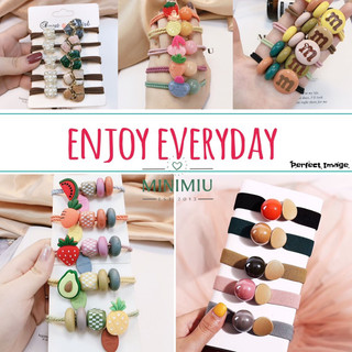 Set 5 sợi 🍓Chun buộc tóc hình trái cây hoa ngủ quả , Cột tóc hạt ngọc, kẹo MM, Mori