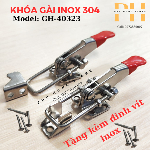 khóa gài inox 304, khóa sập GH40323 size 110 mm tặng kèm ốc vít inox.