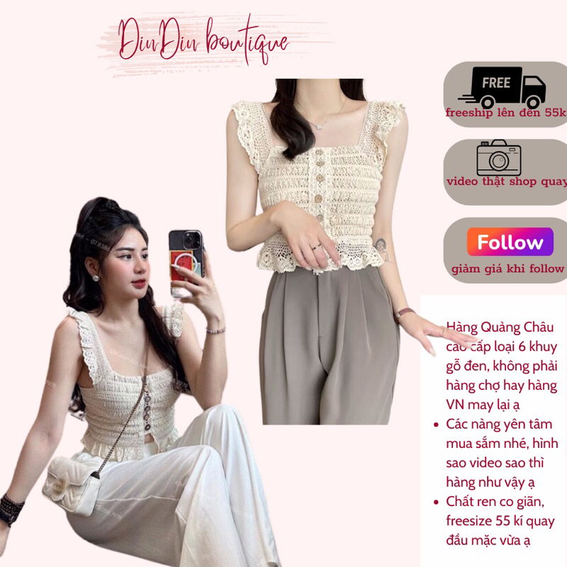 Áo ren croptop cánh tiên hàng Quảng Châu 2 dây cổ vuông mix cúc trước, màu be freesize ( Ảnh thật ảnh cuối ạ)