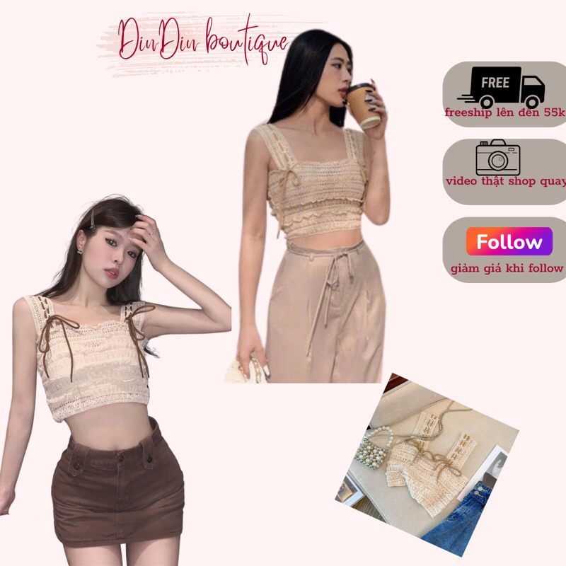 Áo ren croptop 2 dây bản to cổ vuông dây nơ màu trắng be freesize phù hợp đi biển, đi chơi (ảnh thật video shop tự quay)