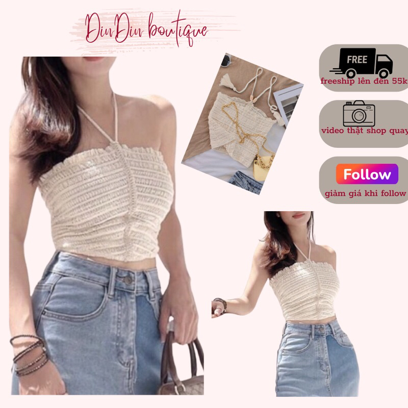 Áo yếm ren croptop màu be cột dây cổ sexy cá tính freesize 55kg đồ về, ( Kèm ảnh thật trải sàn ạ)