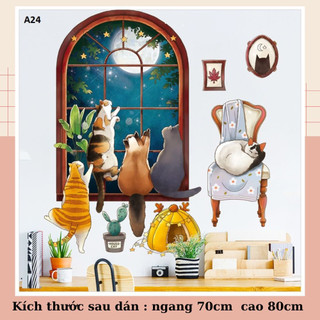 Decal dán tường Mèo cửa sổ A24 - Decal dán tường Hàn Quốc