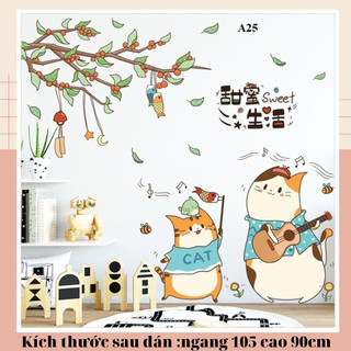 Decal dán tường Mèo đánh đàn A25 - Decal dán tường Hàn Quốc