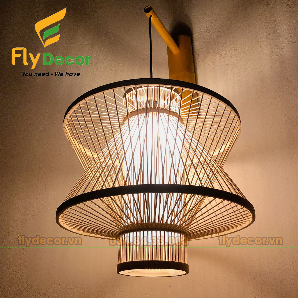 Chao Đèn mây tre thả trần Nhà Rông chéo cho quán Cafe, nhà hàng, Khách sạn phong cách Vintage - Flydecor
