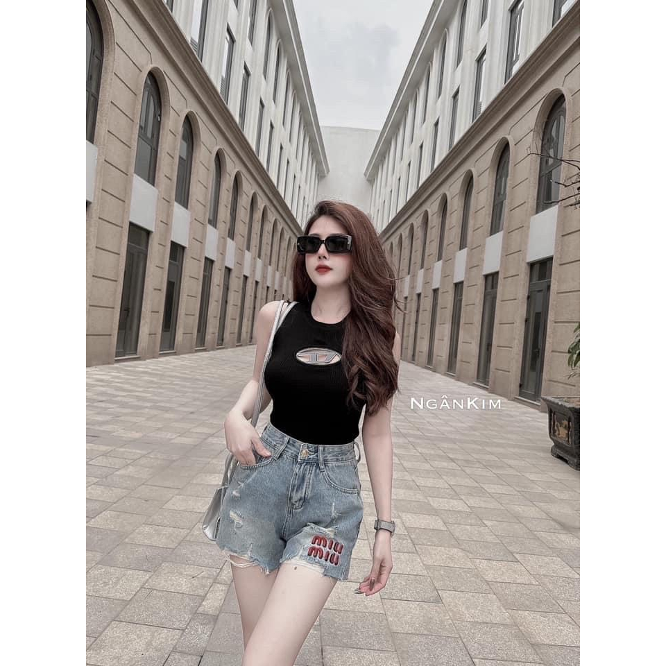 Quần Short MYK Jeans - Rách Phối Thêu Chữ phong cách dễ thương