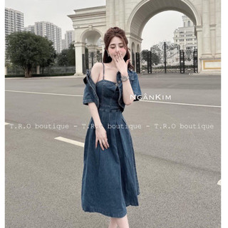 Bigsize Set đầm dây kèm khoác chất Jeans 55-95kg