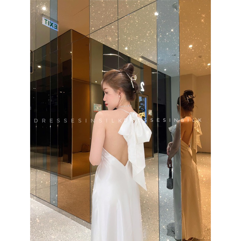 Đầm Lụa Cột Nơ Cao Cấp - Váy Lụa Dự Tiệc Sang Chảnh - Dây Cổ Đổ Hở Lưng Trắng Dài Tôn Dáng