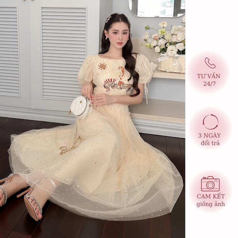 Váy Ren Ngôi Sao Cổ Tròn Nhẹ Nhàng Kèm Ảnh Thật | MERRCHUYENVA