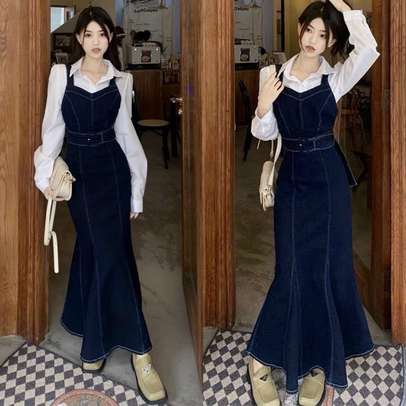 set yếm jean đuôi cá kèm áo sơ mi