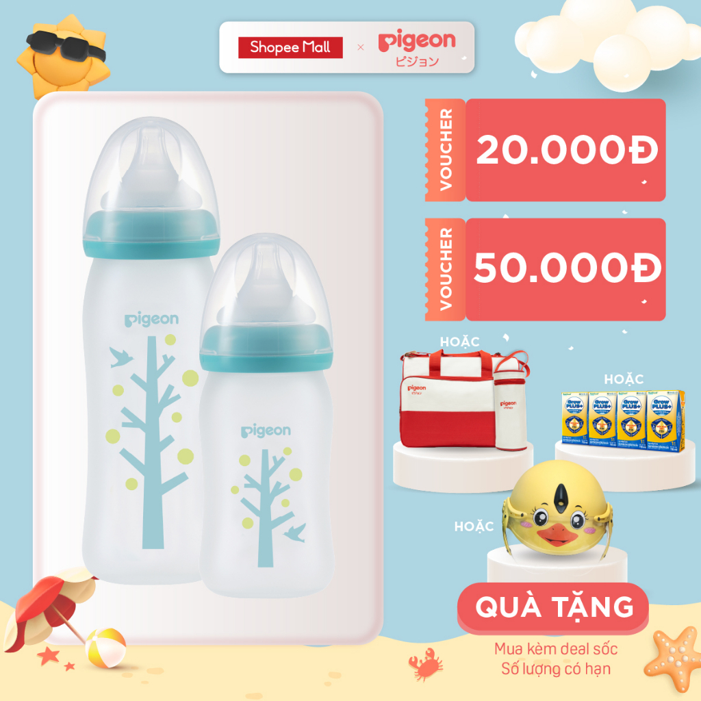 Bình Sữa Thủy Tinh Silicon Pigeon 240ml - Cây xanh (M) - Dành Cho Bé 3 Tháng +