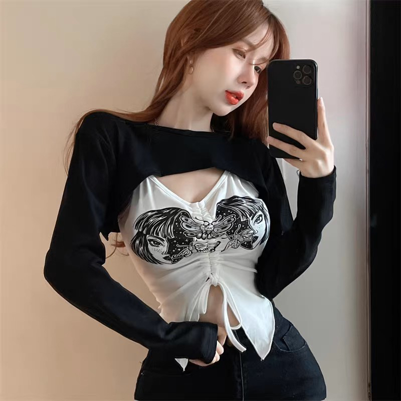 SÉT áo kiểu TAY DÀI in hoạ tiết CÔ GÁI NỬA MẶT BƯỚM rút dây tà nhọn sexy cuốn hút nữ GB - Thiên Yết