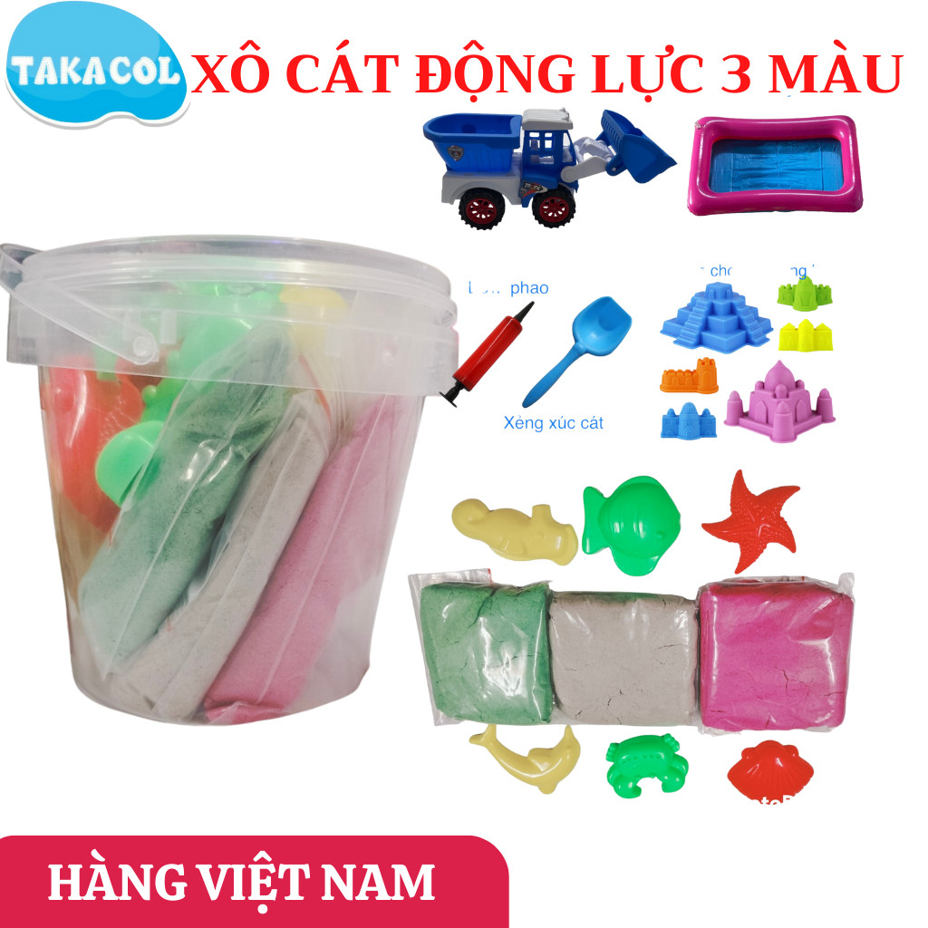 Hộp CÁT ĐỘNG LỰC 3 MÀU Takacol - Cát sinh học an toàn cao cấp - Kèm đầy đủ khuôn chơi, bể chơi cát, bơm, xẻng, xe ô tô