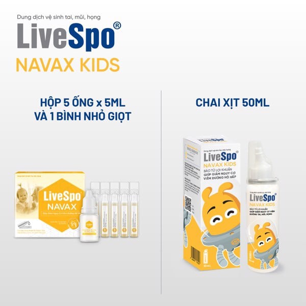 Livespo Navax - Xịt lợi khuẩn 5 tỷ lợi khuẩn chăm sóc, vệ sinh, phòng ngừa vi.êm nhiễm tai mũi họng (Hộp 4 ống x 5ml)