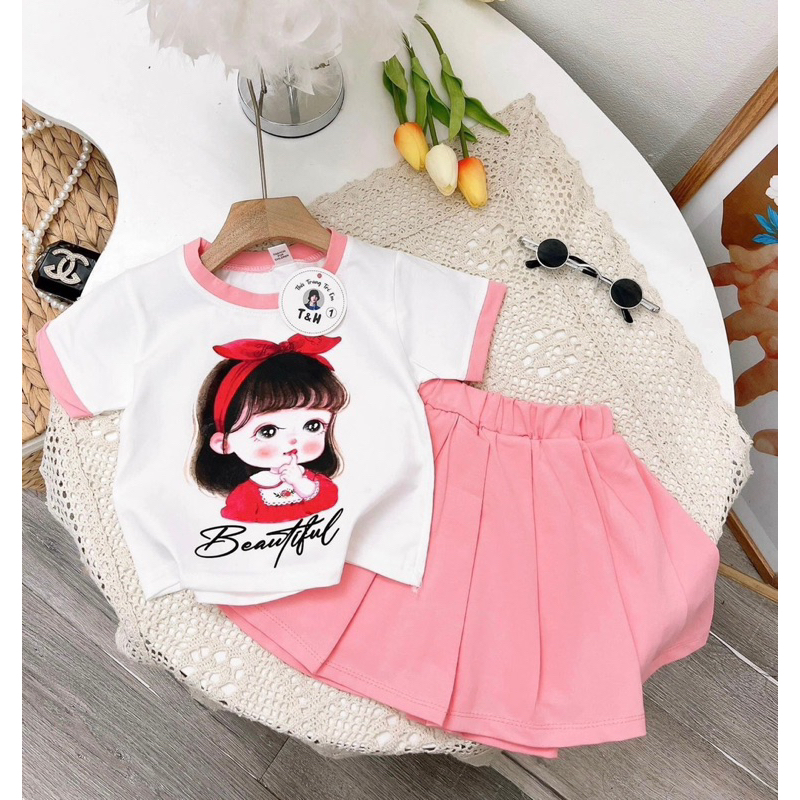 Set váy cotton cộc tay in hình cô gái siêu dễ thương cho bé gái diện hè từ 12-30kg