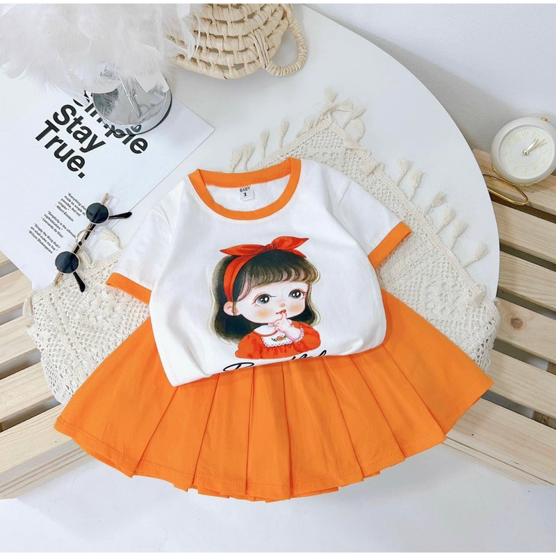 Set váy cotton cộc tay in hình cô gái siêu dễ thương cho bé gái diện hè từ 12-30kg