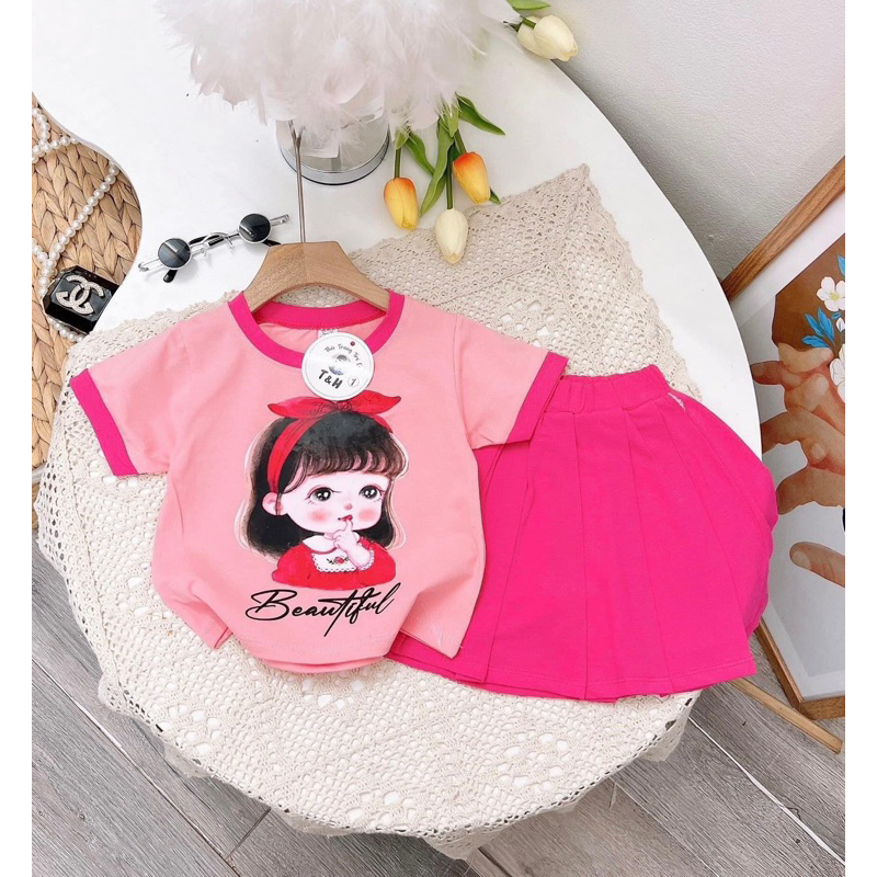 Set váy cotton cộc tay in hình cô gái siêu dễ thương cho bé gái diện hè từ 12-30kg