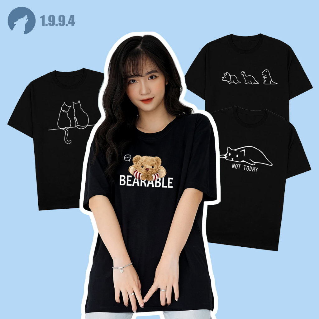 Áo thun tay lỡ, áo from rộng nữ unisex cotton không nhăn xù 4 chiều màu đen, áo phông nam nữ hình gấu teddy (QV001)