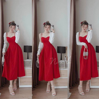 Sét bộ đầm xếp ly 2 dây có túi, có mút ngực mix áo khoác tăm gân màu trắng sang chảnh T335 - Yado