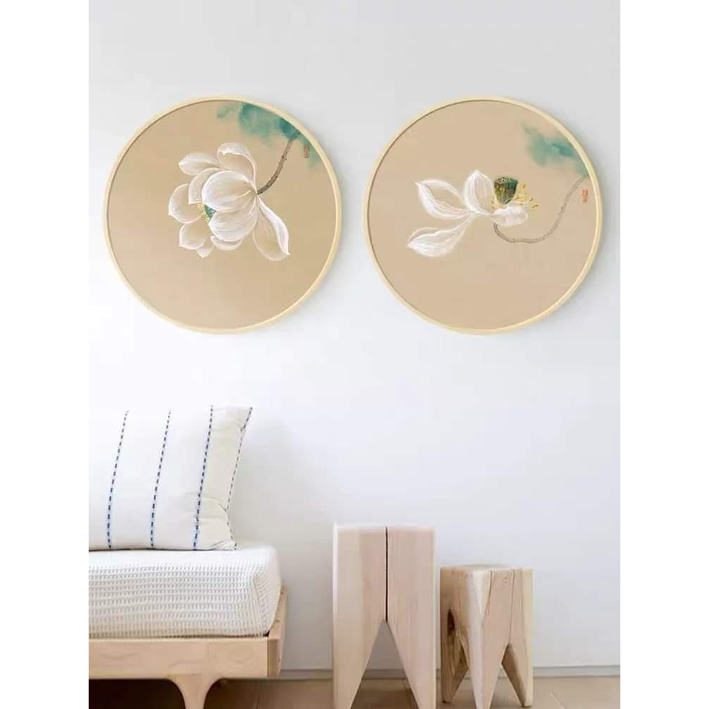 Combo 2 tranh canvas tròn hoa sen trắng decor spa