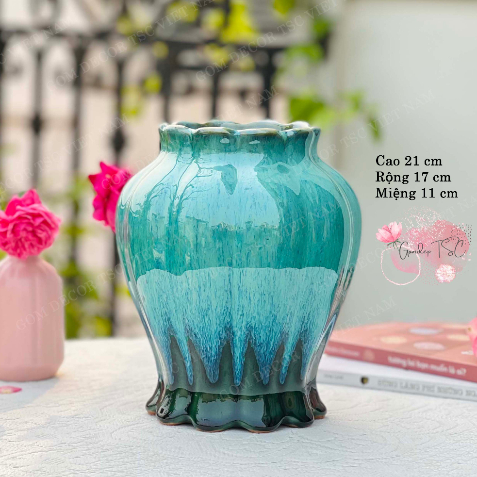 Lọ hoa gốm sứ Bát Tràng dáng miệng hoa cao 21 cm, bình bông men hỏa biến decor trang trí phòng khách đẹp