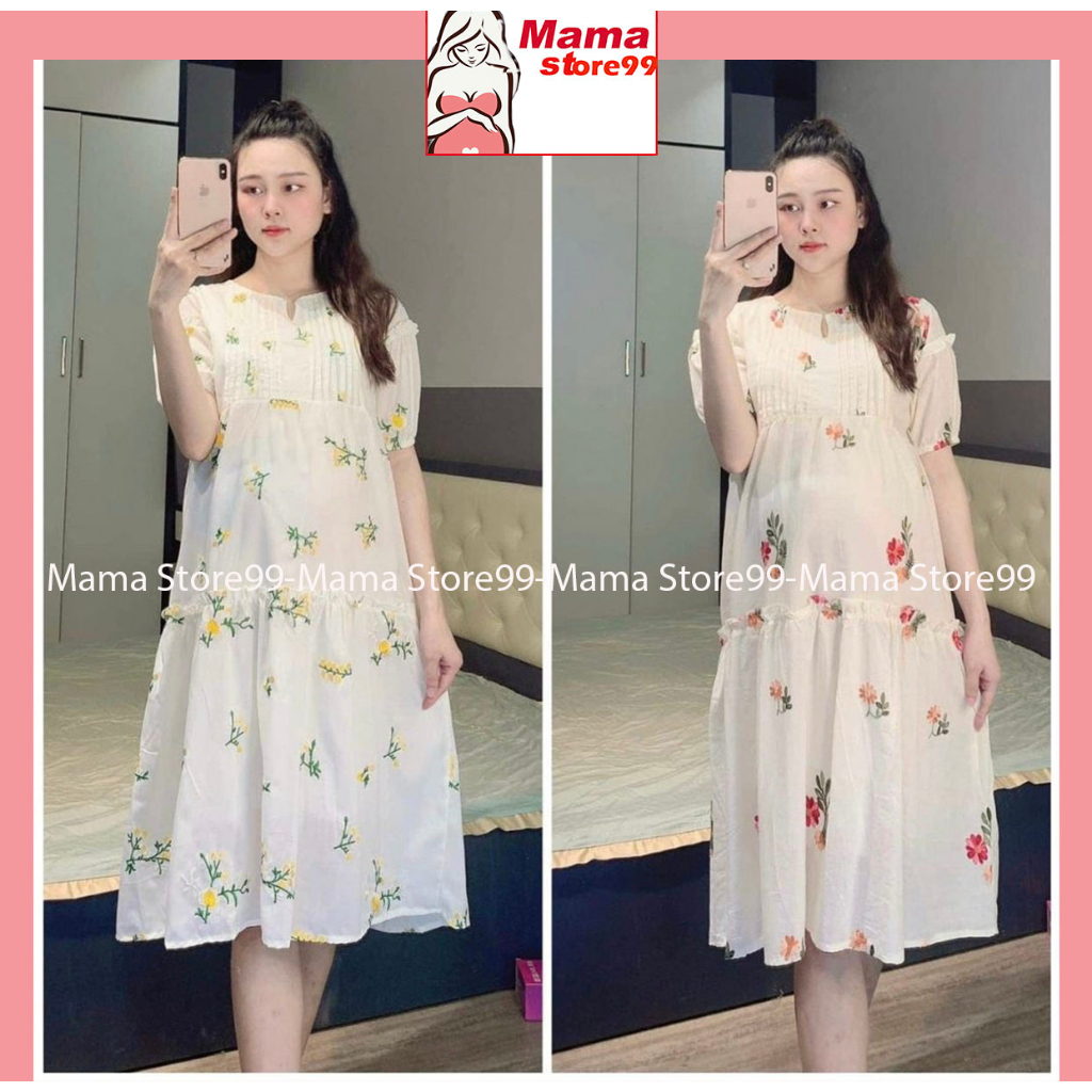 Váy Bầu Đầm Bầu Thêu Hoa Cao Cấp Mùa Hè Thiết Kế Công Sở Tay Ngắn Dáng Suông, Mặc Đi Chơi Đi Làm Mềm Mát Xinh Xắn HN364