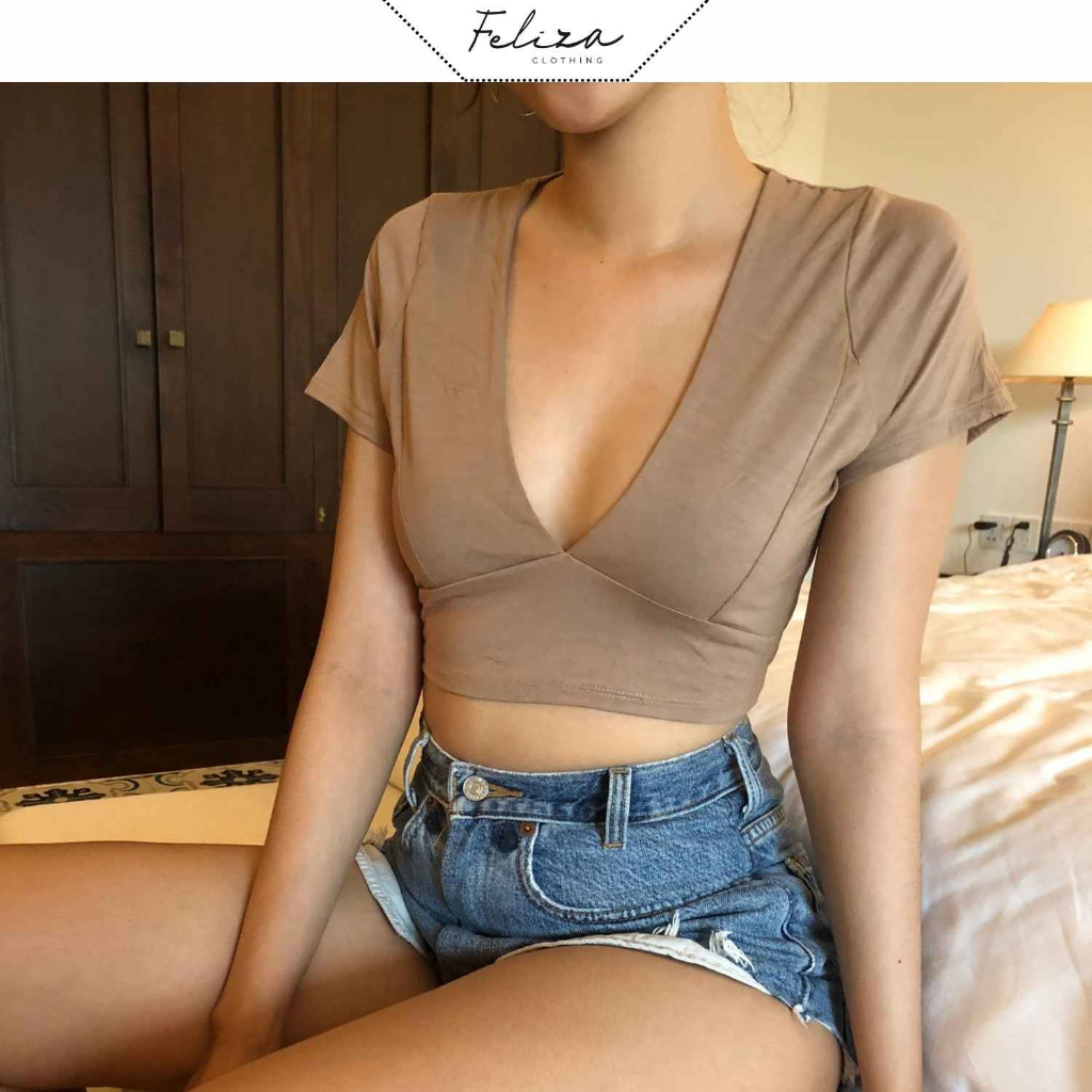 Croptop cổ V khoét sâu bo eo tay ngắn chất thun cotton mềm co giãn-Feliza clothing