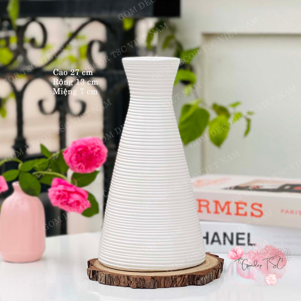 Bình bông gốm Bát Tràng cao 27 cm cắm hoa vẽ tay thủ công decor trang trí phong cách vintage