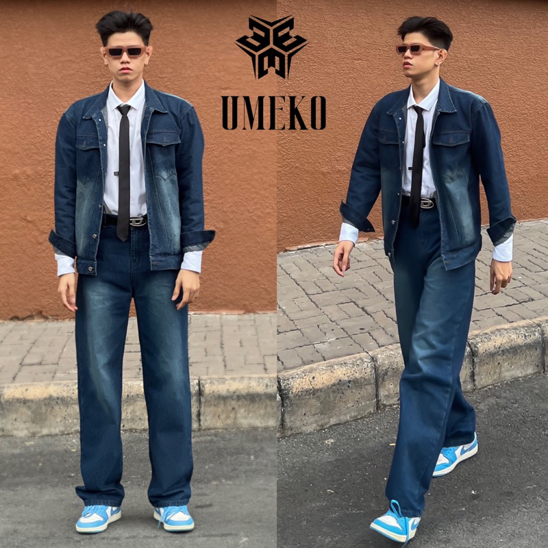 UMEKO Set Denim On Denim Wash Ver Gồm Áo Khoác Jean Tay Dài Và Quần Jean Form Suông Ống Rộng Thời Trang Y2K Retro Basic