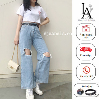 Quần Jean nữ ống rộng JEANSLA Xanh nhạt Rách gối Cạp cao form suông siêu cá tính thời thượng [#QJL22]
