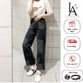 Quần Jean ống rộng JEANSLA Đen ô sọc 2 màu đậm nhạt Cạp cao form suông siêu thời thượng [#QJL31]
