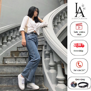 Quần Jean cạp cao JEANSLA Xanh retro form suông ống rộng cạp cao Basic Gấu xẻ tà siêu thời thượng [#QJL11]
