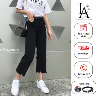 Quần Baggy Jeans JEANSLA Đen trơn form suông Ống rộng cạp cao basic gấu tua rua mix đồ đủ phong cách [#QJL9]