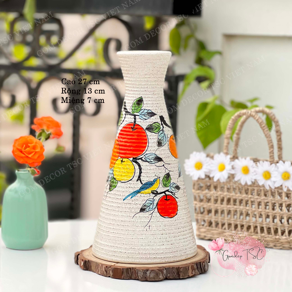Bình bông gốm Bát Tràng cao 27 cm cắm hoa vẽ tay thủ công decor trang trí phong cách vintage