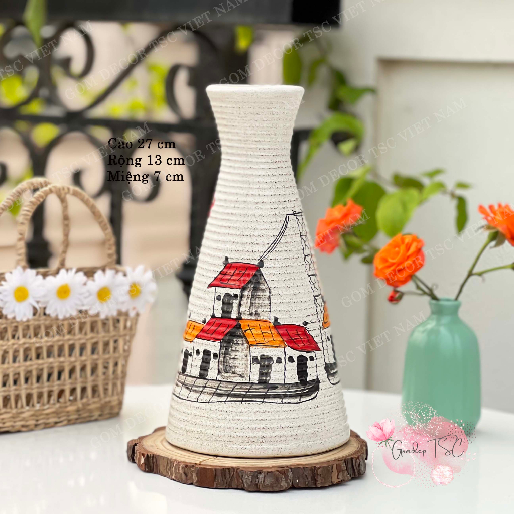Bình bông gốm Bát Tràng cao 27 cm cắm hoa vẽ tay thủ công decor trang trí phong cách vintage