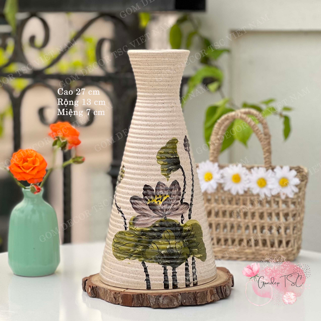 Bình bông gốm Bát Tràng cao 27 cm cắm hoa vẽ tay thủ công decor trang trí phong cách vintage