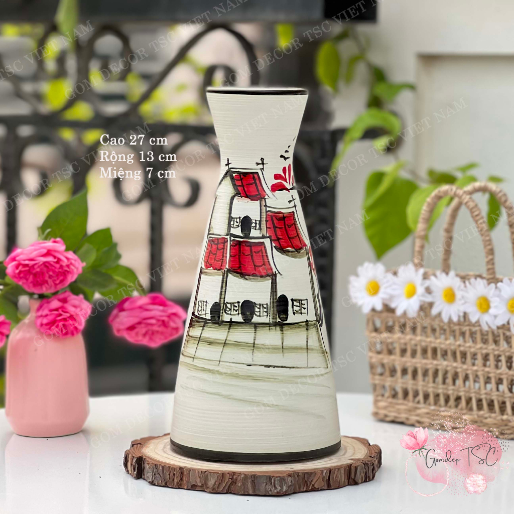 Bình bông gốm Bát Tràng cao 27 cm cắm hoa vẽ tay thủ công decor trang trí phong cách vintage