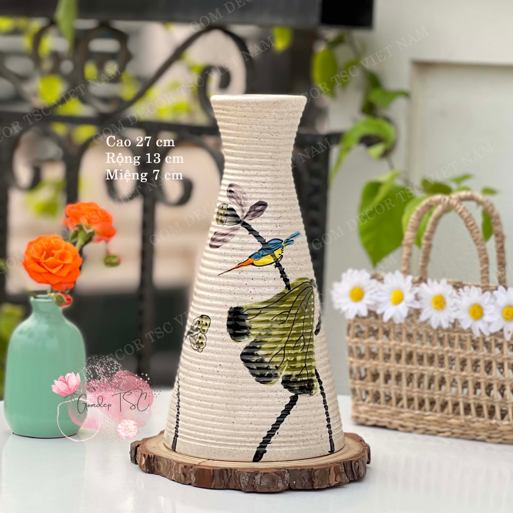 Bình bông gốm Bát Tràng cao 27 cm cắm hoa vẽ tay thủ công decor trang trí phong cách vintage