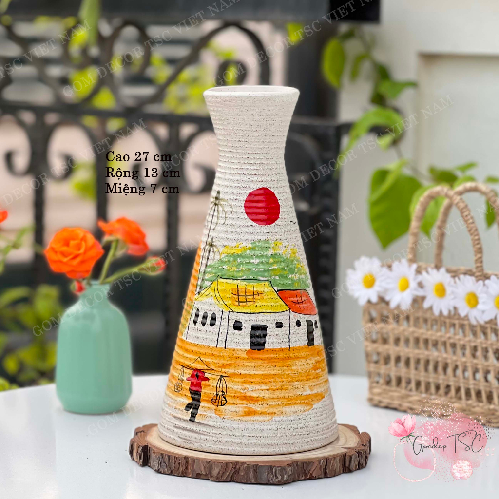 Bình bông gốm Bát Tràng cao 27 cm cắm hoa vẽ tay thủ công decor trang trí phong cách vintage