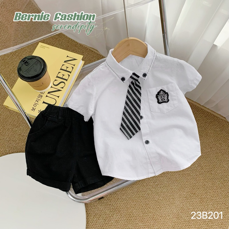 _Bộ sơ mi đính tag kèm cà vạt kẻ cho bé 9 đến 23kg