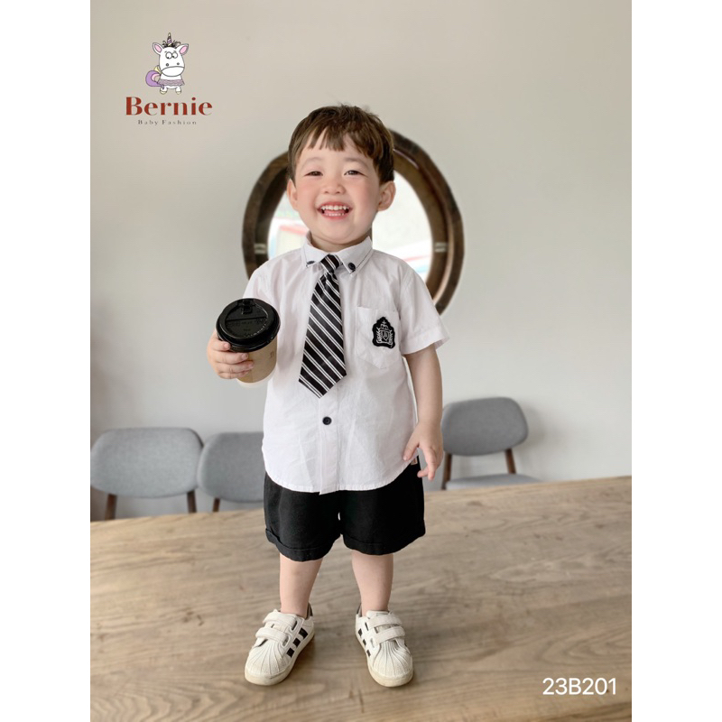 _Bộ sơ mi đính tag kèm cà vạt kẻ cho bé 9 đến 23kg