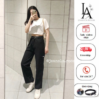 Quần Jean ống suông JEANSLA đen trơn cạp cao form ống rộng basic mix đồ siêu thời thượng [#QJL6]