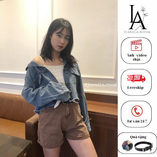 Crop Jacket Áo khoác Jeans JEANSLA Xanh Phối cổ da Nâu be mix đồ siêu thời thượng, cá tính [#DJL1]