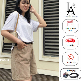 Quần Short đùi Jeans JEANSLA Nâu be (Cafe) cạp cao Basic mặc 2 kiểu xắn hoặc không xắn gấu cá tính [#SJL1]